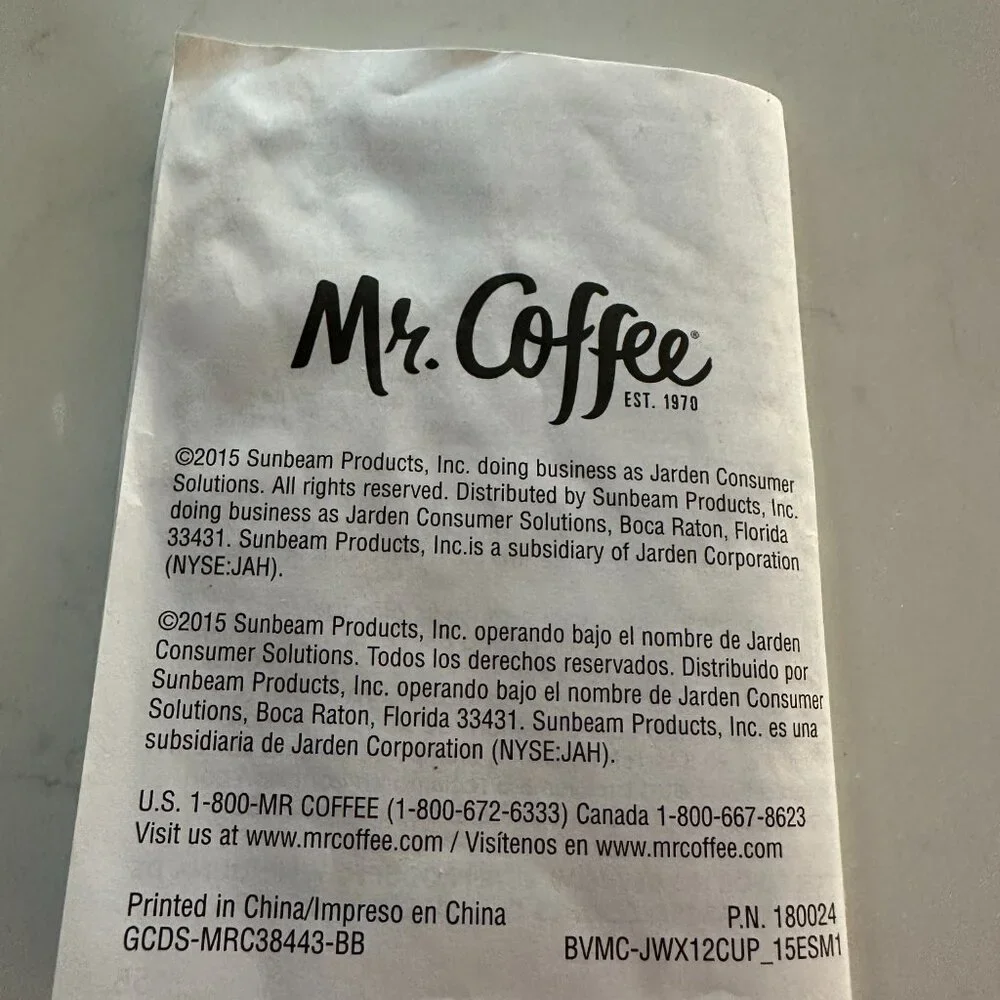 Mr. Coffee 12 Cup Carafe, Basket, Instruction Booklet & Filter
